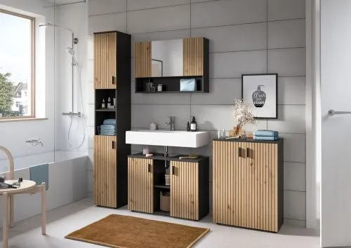 Badkombination Mone 1 | 3-teilig | Basalt grau / Artisan Oak mit Aufsatzleuchte