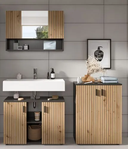 Badkombination Mone 1 | 3-teilig | Basalt grau / Artisan Oak ohne Aufsatzleuchte