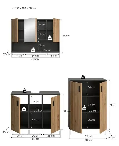 Badkombination Mone 1 | 3-teilig | Basalt grau / Artisan Oak ohne Aufsatzleuchte