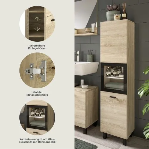 Badschrank Boston | mit Glastür | Eiche Sonoma | ohne Glasbodenclip