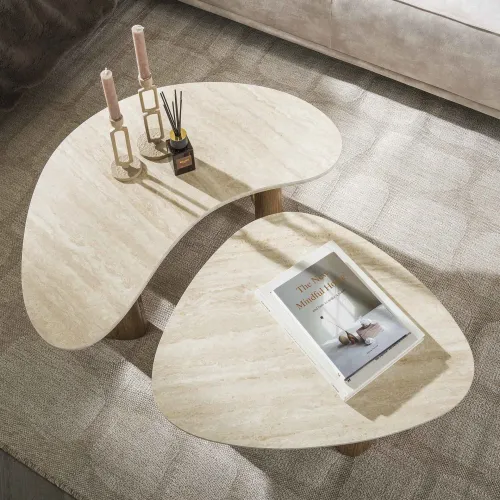 Couchtisch Set Homa | 2-teilig | Keramik Travertin | Naturfarben
