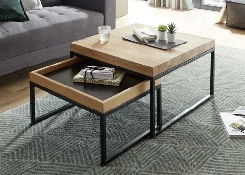 Couchtisch Set Lubao | 2-teilig | Eiche massiv | 57/65 | Eichefarben / schwarz