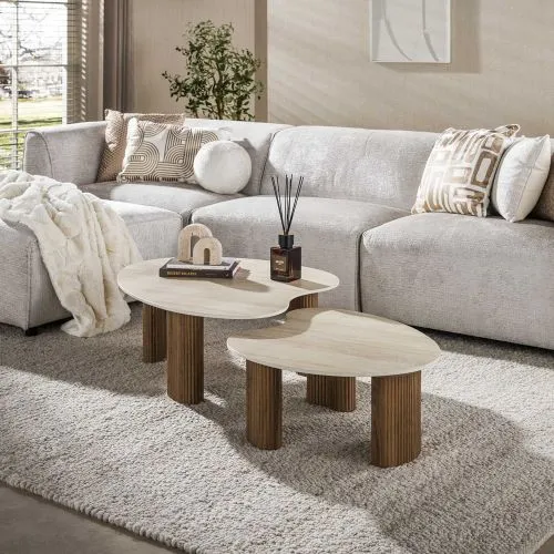 Couchtisch Set Sienna | 2-teilig | 3D Keramik | Travertinoptik