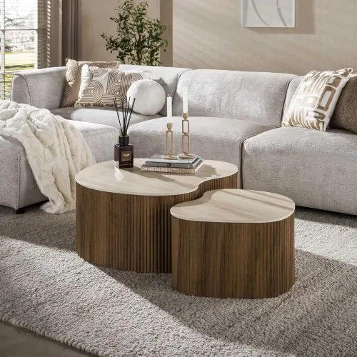 Couchtisch Set Sienna | 2-teilig | geriffelter Sockel | 3D Keramik | Travertinoptik