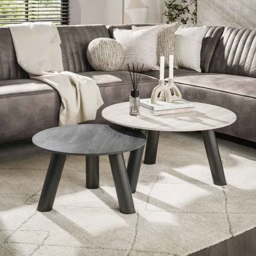 Couchtisch Set Tupi | 2-teilig | rund | Keramik Travertin | schwarz & grau