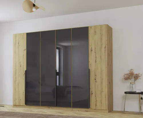 Drehtürenschrank Artemis | mit Glastüren | Eiche Artisan / basalt grau | 271 x 210 x 54 cm