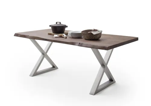 Esstisch Calabria | Akazie massiv | X-Gestell Edelstahl | walnuss | 220 x 100 -Tischplatte 5,5 cm