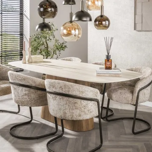 Esstisch Homa | Keramik Travertin | 215 cm | Eiche / beige