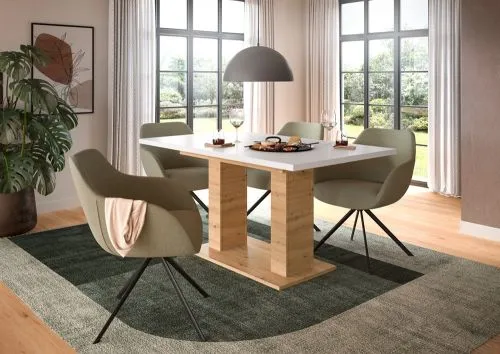 Esstisch Motion | ausziehbar | Doppelsäulen-Fußgestell | Artisan Eiche / weiß | 150(190)x90