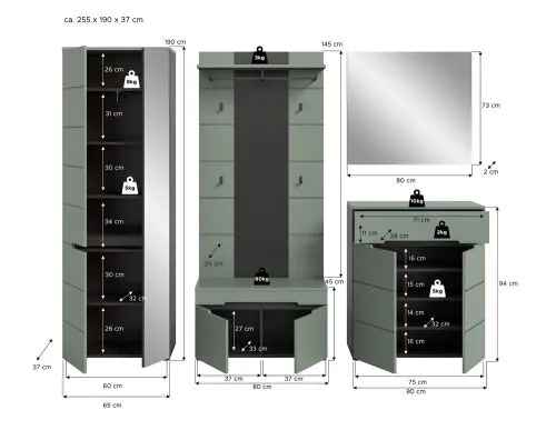 Garderoben-Set Canu 1 | Basalt grau / Smoke Green | 5-teilig mit Kissen