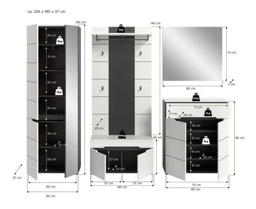 Garderoben-Set Canu 1 | Basalt grau / Weiß | 5-teilig ohne