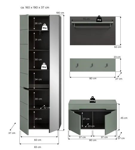 Garderoben-Set Canu | Basalt grau / Smoke Green | 3-teilig