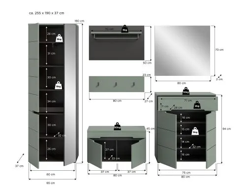 Garderoben-Set Canu | Basalt grau / Smoke Green | 5-teilig mit Kissen