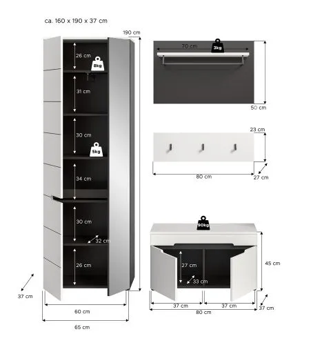 Garderoben-Set Canu | Basalt grau / Weiß | 3-teilig ohne