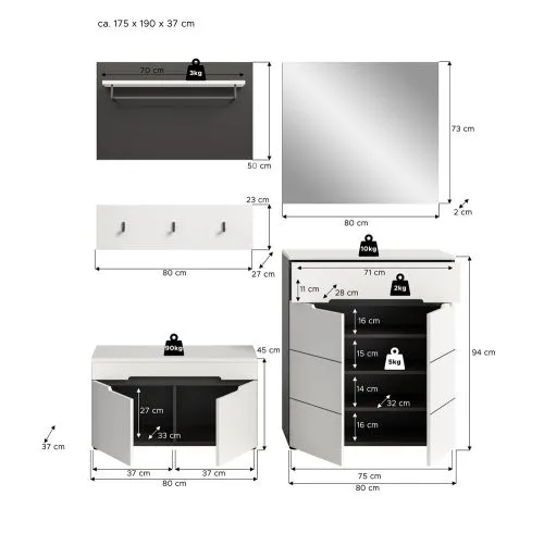 Garderoben-Set Canu | Basalt grau / Weiß | 4-teilig