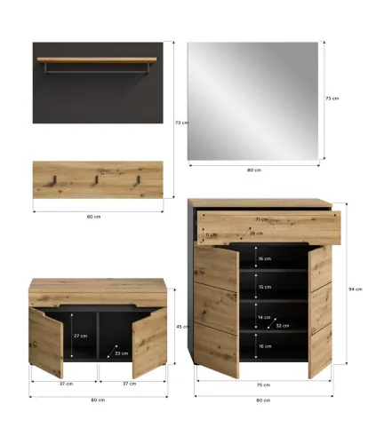 Garderoben-Set Canu | grau / Artisan Eiche | 4-teilig ohne Sitzkissen