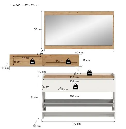 Garderoben-Set Drive 1 | weiß / Artisan Oak | 3-teilig mit Beleuchtung