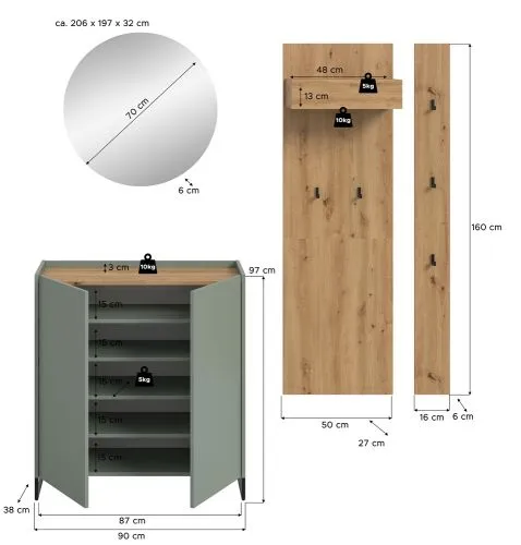 Garderoben-Set Drive 2 | Salbei / Artisan Oak | 4-teilig ohne Beleuchtung