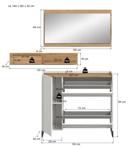 Garderoben-Set Drive 2 | weiß / Artisan Oak | 3-teilig mit Beleuchtung