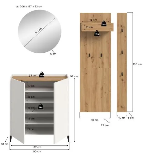 Garderoben-Set Drive 2 | weiß / Artisan Oak | 4-teilig mit Beleuchtung