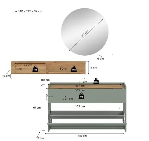 Garderoben-Set Drive 3 | Salbei / Artisan Oak | 3-teilig ohne Beleuchtung