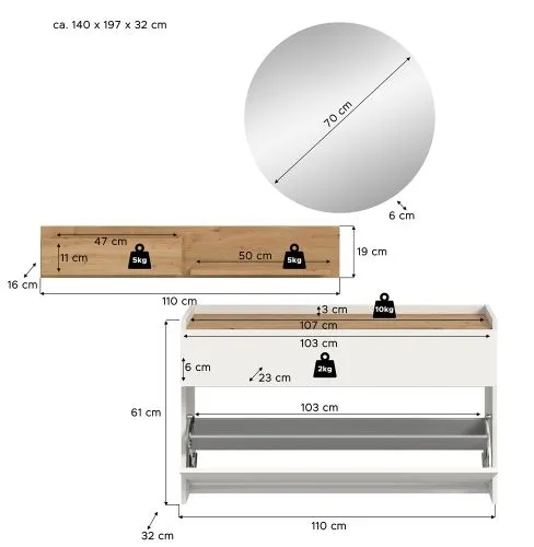 Garderoben-Set Drive 3 | weiß / Artisan Oak | 3-teilig mit Beleuchtung