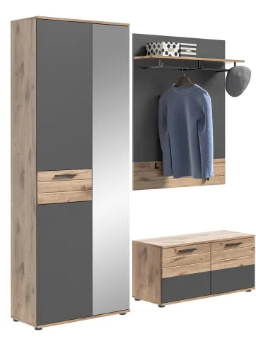 Garderoben-Set Mason | Nox Oak / Basalt Grau | 3-teilig mit Sitzkissen