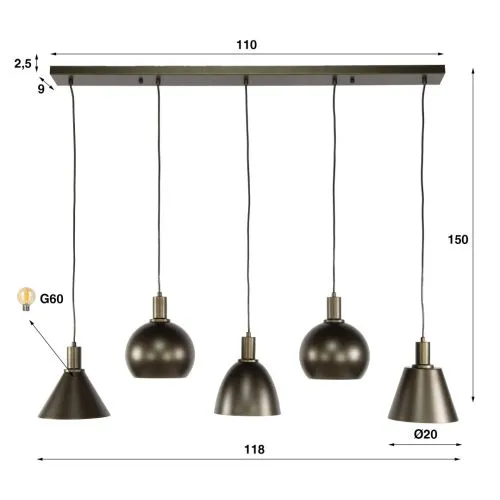 Hängelampe Urano | 5 Leuchten | Metall | Sienna braun