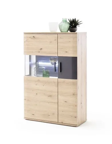 Highboard Cortona 2 | Balkeneiche / anthrazit | mit 1er Set LED Rückwandbeleuchtung 45 cm