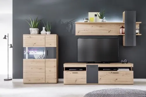 Highboard Cortona 2 | Balkeneiche / anthrazit | mit 1er Set LED Rückwandbeleuchtung 45 cm