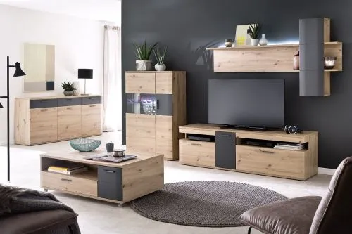 Highboard Cortona 2 | Balkeneiche / anthrazit | mit 1er Set LED Rückwandbeleuchtung 45 cm