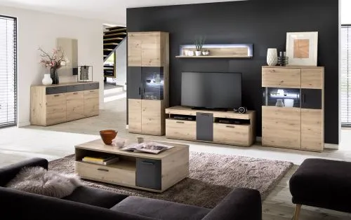 Highboard Cortona 2 | Balkeneiche / anthrazit | mit 1er Set LED Rückwandbeleuchtung 45 cm