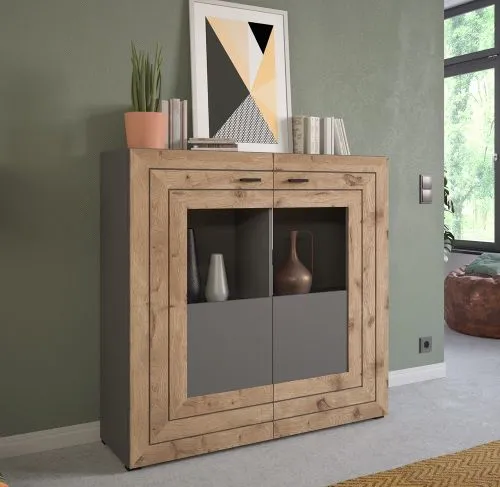 Highboard Freno | grau matt / Nox Oak | mit 3er Set LED Unterbauspot