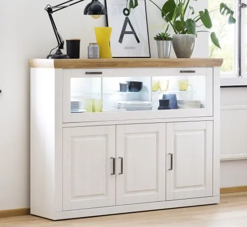 Highboard I Brixen | Landhaus modern | Pinie Aurelio / Grandson Oak mit 3er Set LED Glasbodenclips