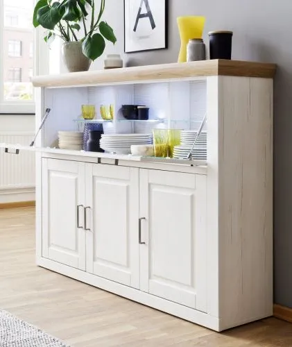 Highboard I Brixen | Landhaus modern | Pinie Aurelio / Grandson Oak mit 3er Set LED Glasbodenclips