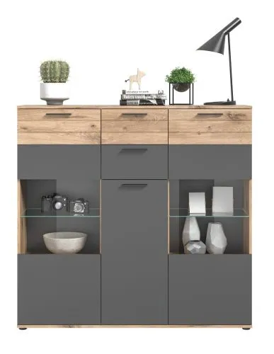 Highboard Mason | Nox Oak / Basalt Grau mit 2er Set LED Glasbodenclips