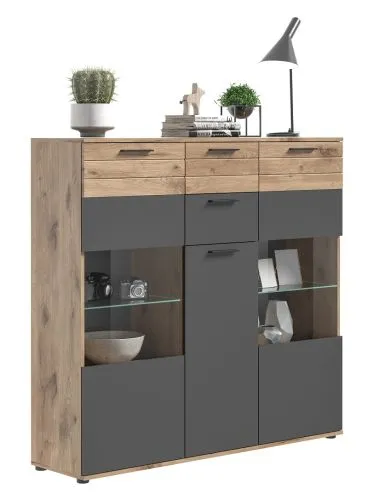 Highboard Mason | Nox Oak / Basalt Grau mit 2er Set LED Glasbodenclips