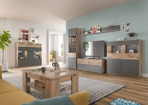 Highboard Mason | Nox Oak / Basalt Grau mit 2er Set LED Glasbodenclips