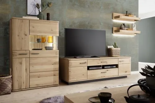 Highboard Salvador klein | Balkeneiche Bianco | mit 2er Set LED Beleuchtung 30 cm