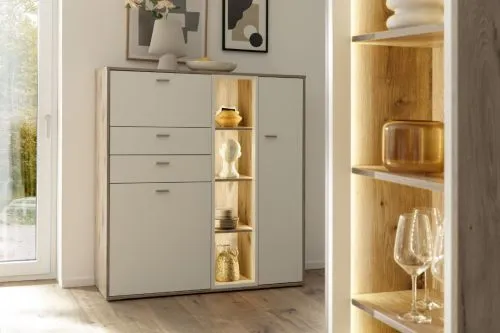 Highboard Santerno | Soft white / Viking Oak | LED Beleuchtung