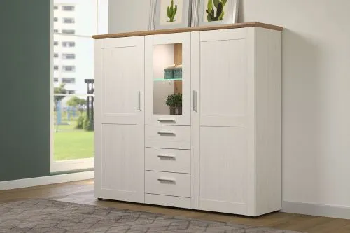 Highboard Shade | Andersen Pinie weiß / Artisan Eiche | Landhausstil | mit 1er Set LED Unterbausspots