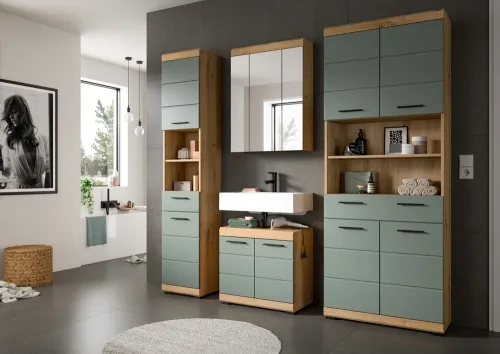 Hochschrank breit Scout | mit Schubkasten | Salbei / Artisan Eiche