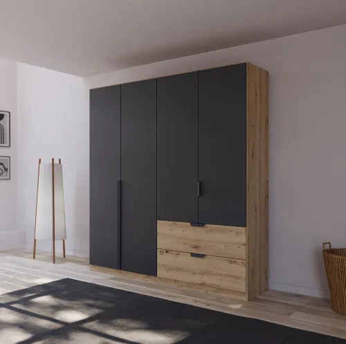 Kleiderschrank Drehtürenschrank Dark&Wood | 4-türig | mit Schubkästen | grau metallic / Eiche Artisan | 181x210