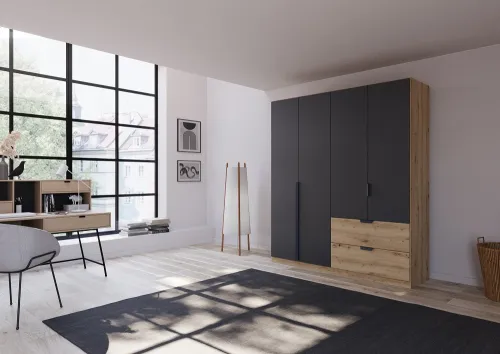 Kleiderschrank Drehtürenschrank Dark&Wood | mit Schubkästen | grau metallic / Eiche Artisan | verschiedene Größen