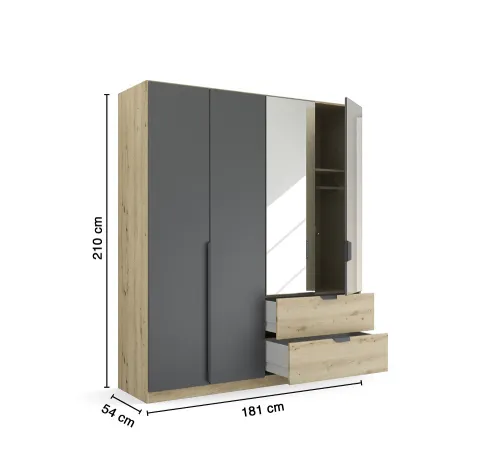 Kleiderschrank Drehtürenschrank Dark&Wood | mit Spiegel & Schubkästen | grau metallic / Eiche Artisan | verschiedene Größen
