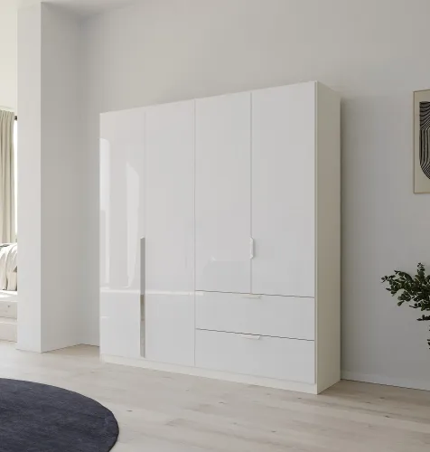 Kleiderschrank Drehtürenschrank Glamour | 4-türig | mit Schubkästen | weiß Hochglanz / alpinweiß | 181x210