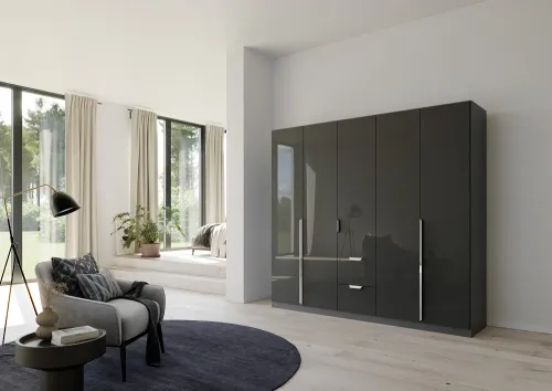 Kleiderschrank Drehtürenschrank Glamour | 5-türig | mit Schubkästen | effektgrau Hochglanz / grau metallic | 226x210
