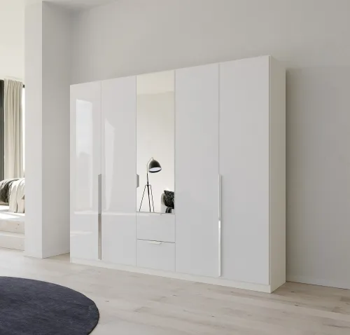 Kleiderschrank Drehtürenschrank Glamour | 5-türig | mit Spiegeltüren & Schubkästen | weiß Hochglanz / alpinweiß | 226x210