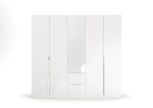 Kleiderschrank Drehtürenschrank Glamour | 5-türig | mit Spiegeltüren & Schubkästen | weiß Hochglanz / alpinweiß | 226x210