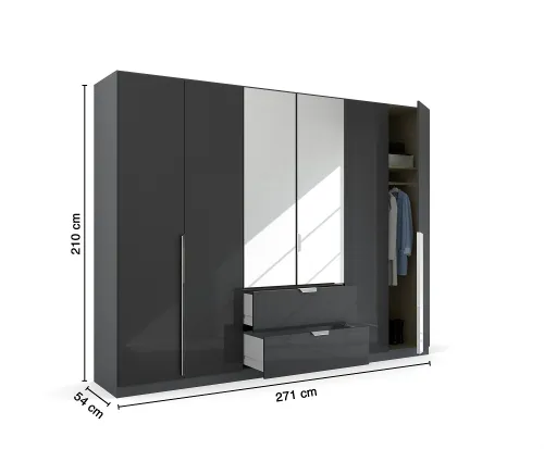 Kleiderschrank Drehtürenschrank Glamour | 6-türig | mit Spiegeltüren & Schubkästen | effektgrau Hochglanz / grau metallic | 271x210